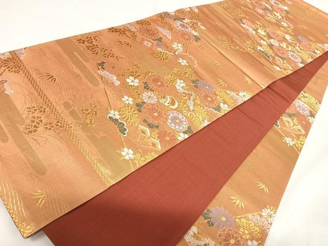 平和屋着物◎六通柄袋帯 飛鶴吉祥花文 金糸 正絹 逸品 AABF4947yx
