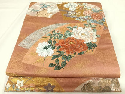 平和屋着物◎六通柄袋帯 唐織 琳派桃山扇面文 金銀糸 正絹 逸品 AABF4952yx