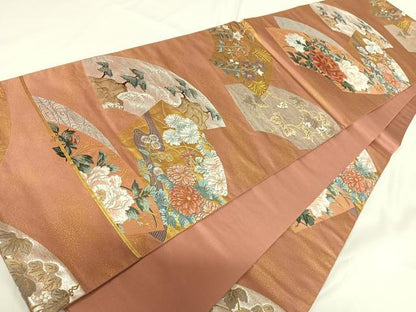 平和屋着物◎六通柄袋帯 唐織 琳派桃山扇面文 金銀糸 正絹 逸品 AABF4952yx