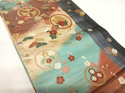 平和屋着物◎六通柄袋帯　唐織　花蝶丸文　金糸　正絹　逸品　AABF4958yx
