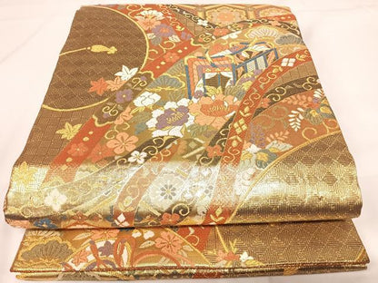 平和屋着物◎佐賀錦 六通柄袋帯 唐織 御所車花文 金糸 鈴乃屋扱い 正絹 逸品 AABF4963yx