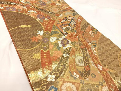 平和屋着物◎佐賀錦 六通柄袋帯 唐織 御所車花文 金糸 鈴乃屋扱い 正絹 逸品 AABF4963yx