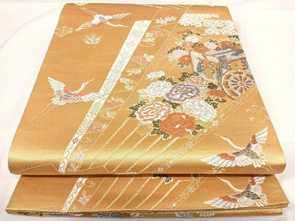 平和屋着物◎六通柄袋帯 唐織 飛鶴花文 金糸 正絹 逸品 AABF4966yx
