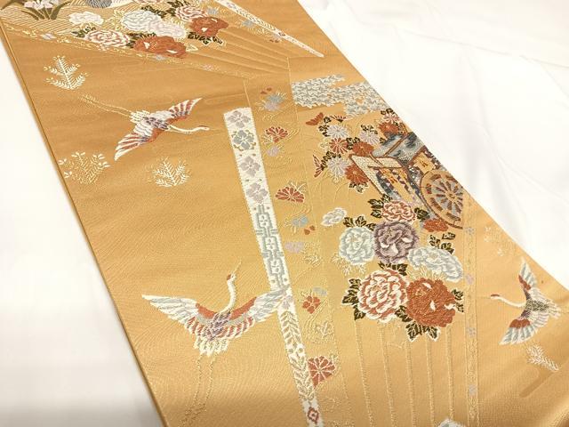 平和屋着物◎六通柄袋帯 唐織 飛鶴花文 金糸 正絹 逸品 AABF4966yx