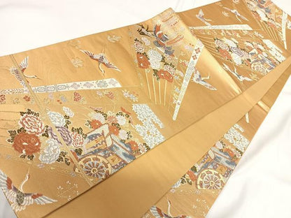 平和屋着物◎六通柄袋帯 唐織 飛鶴花文 金糸 正絹 逸品 AABF4966yx