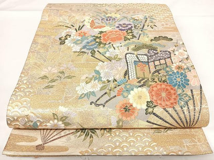 平和屋着物◎六通柄袋帯 唐織 槍扇御車花蝶文 金銀糸 正絹 逸品 AABF4970yx