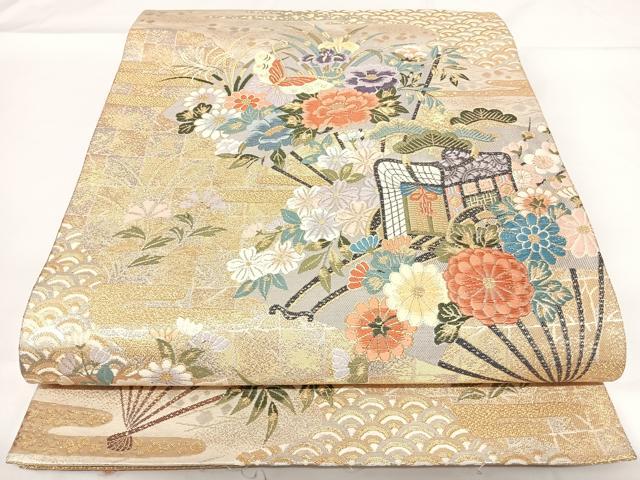 平和屋着物◎六通柄袋帯 唐織 槍扇御車花蝶文 金銀糸 正絹 逸品 AABF4970yx