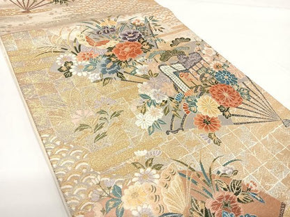 平和屋着物◎六通柄袋帯 唐織 槍扇御車花蝶文 金銀糸 正絹 逸品 AABF4970yx