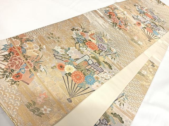 平和屋着物◎六通柄袋帯 唐織 槍扇御車花蝶文 金銀糸 正絹 逸品 AABF4970yx