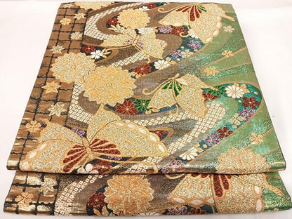 平和屋着物◎六通柄袋帯 流水花蝶文 金糸 正絹 逸品 AABF4971yx