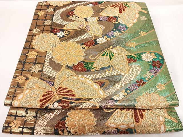平和屋着物◎六通柄袋帯 流水花蝶文 金糸 正絹 逸品 AABF4971yx