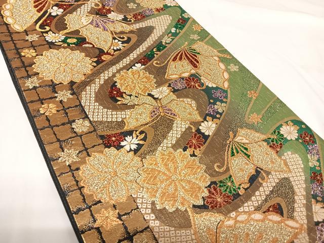 平和屋着物◎六通柄袋帯 流水花蝶文 金糸 正絹 逸品 AABF4971yx