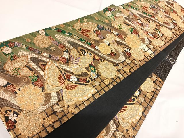 平和屋着物◎六通柄袋帯 流水花蝶文 金糸 正絹 逸品 AABF4971yx