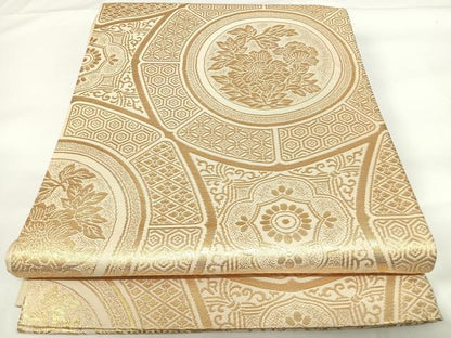 平和屋着物◎西陣　六通柄袋帯　花絵皿文　金糸　正絹　逸品　AABF4974yx