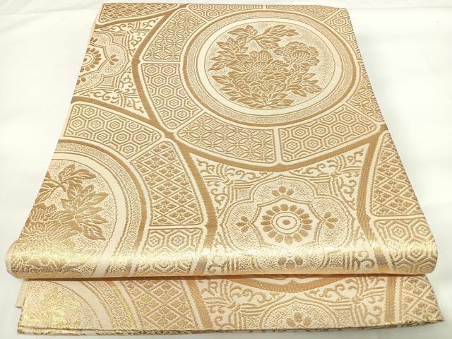 平和屋着物◎西陣　六通柄袋帯　花絵皿文　金糸　正絹　逸品　AABF4974yx