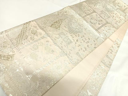 平和屋着物◎六通柄袋帯 細好 飾花文 銀糸 正絹 逸品 AABF4977yx