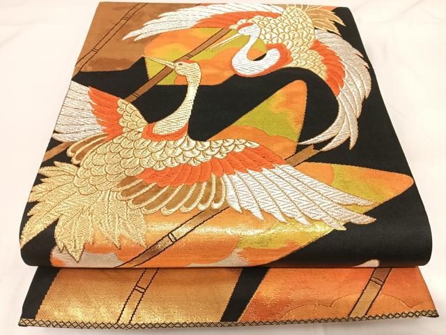 平和屋着物◎六通柄袋帯 唐織 飛鶴文 黒地 金銀糸 正絹 逸品 AABF4989yx