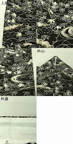 平和屋着物▽小紋　単衣　手描き　風景流水花文　黒地　洗える着物　AABF5006jh