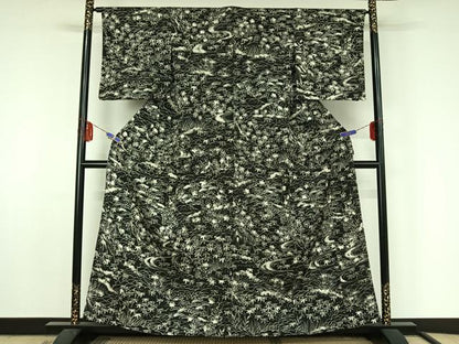 平和屋着物▽小紋　単衣　手描き　風景流水花文　黒地　洗える着物　AABF5006jh