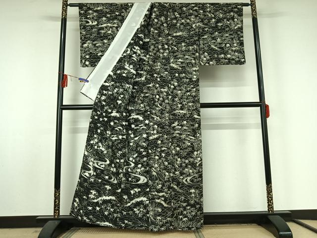 平和屋着物▽小紋　単衣　手描き　風景流水花文　黒地　洗える着物　AABF5006jh