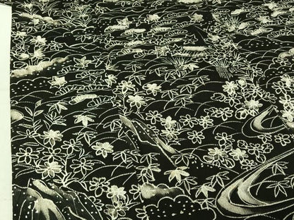 平和屋着物▽小紋　単衣　手描き　風景流水花文　黒地　洗える着物　AABF5006jh