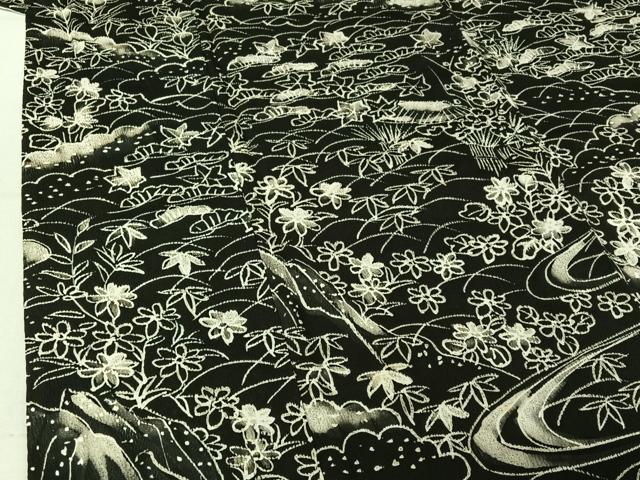 平和屋着物▽小紋　単衣　手描き　風景流水花文　黒地　洗える着物　AABF5006jh