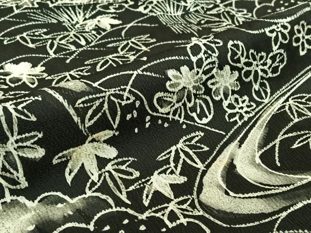 平和屋着物▽小紋　単衣　手描き　風景流水花文　黒地　洗える着物　AABF5006jh