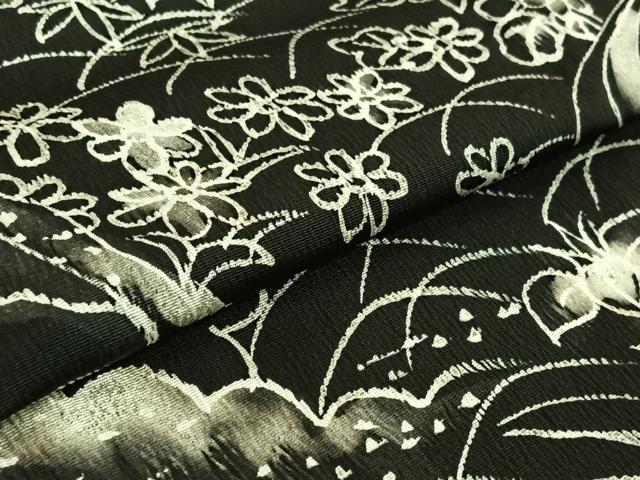 平和屋着物▽小紋　単衣　手描き　風景流水花文　黒地　洗える着物　AABF5006jh