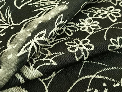 平和屋着物▽小紋　単衣　手描き　風景流水花文　黒地　洗える着物　AABF5006jh