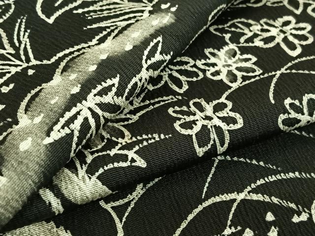 平和屋着物▽小紋　単衣　手描き　風景流水花文　黒地　洗える着物　AABF5006jh
