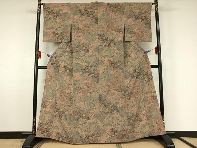 平和屋着物▽小紋 単衣 流水花籬文 鬼しぼ縮緬 洗える着物 AABF5007jh
