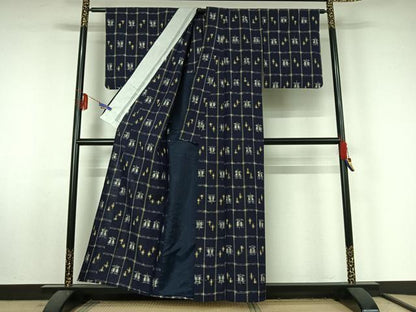 平和屋着物▽上質な紬 単衣 遠州椿文 正絹 逸品 AABF5009jh