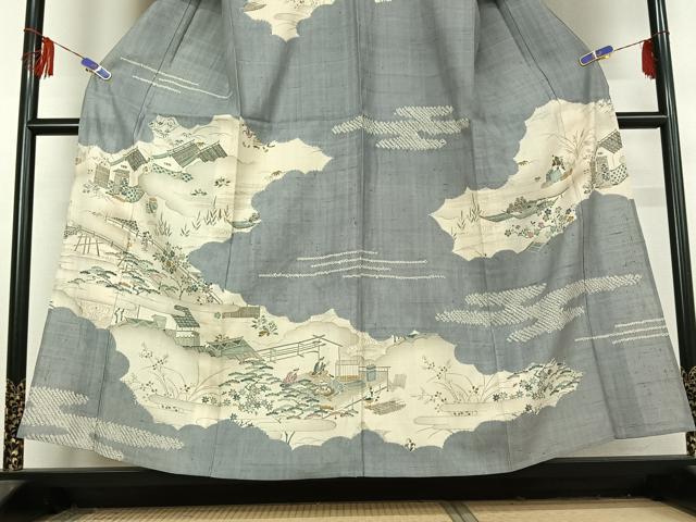 平和屋着物▽染織の名門 しょうざん 生紬 訪問着 単衣 手描き 絞り 人物風景文 金彩 正絹 逸品 AABF5010jh