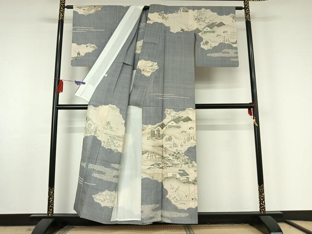 平和屋着物▽染織の名門 しょうざん 生紬 訪問着 単衣 手描き 絞り 人物風景文 金彩 正絹 逸品 AABF5010jh