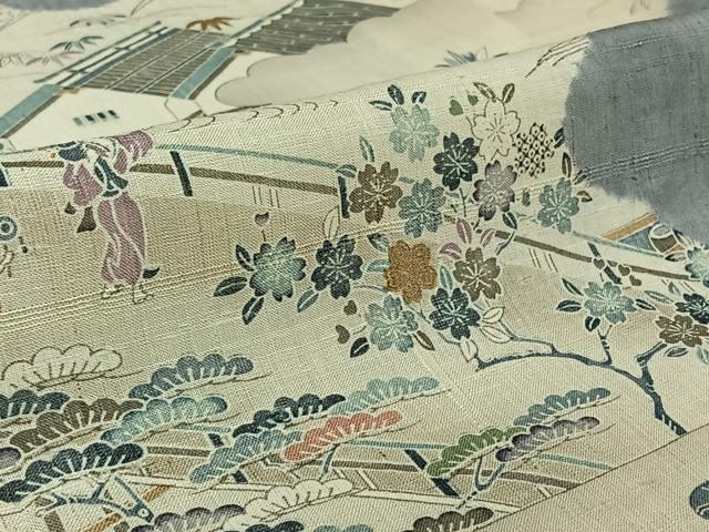平和屋着物▽染織の名門 しょうざん 生紬 訪問着 単衣 手描き 絞り 人物風景文 金彩 正絹 逸品 AABF5010jh
