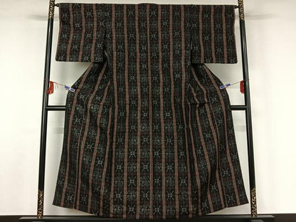 平和屋着物▽上質な紬 単衣 格子柄 黒地 正絹 逸品 AABF5011jh