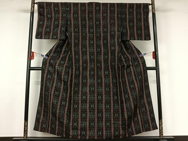 平和屋着物▽上質な紬 単衣 格子柄 黒地 正絹 逸品 AABF5011jh