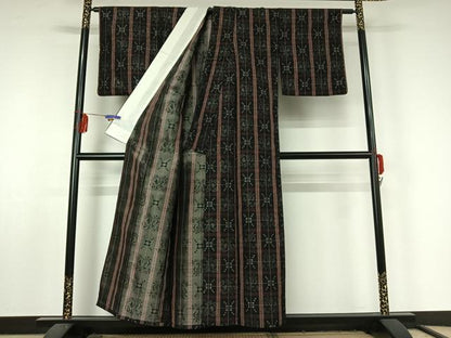 平和屋着物▽上質な紬 単衣 格子柄 黒地 正絹 逸品 AABF5011jh
