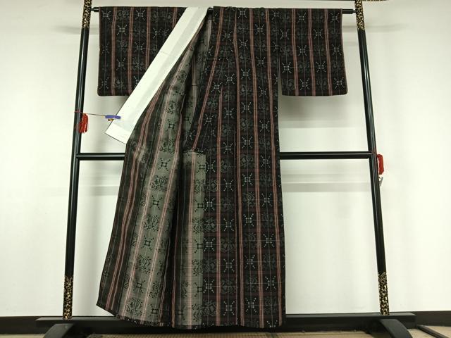 平和屋着物▽上質な紬 単衣 格子柄 黒地 正絹 逸品 AABF5011jh