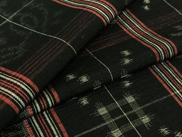 平和屋着物▽上質な紬 単衣 格子柄 黒地 正絹 逸品 AABF5011jh
