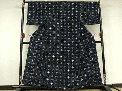 平和屋着物▽上質な紬 単衣 幾何学文様 正絹 逸品 AABF5013jh