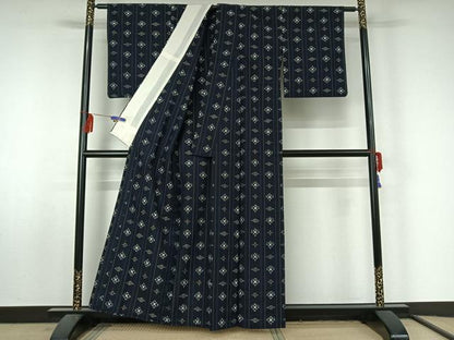 平和屋着物▽上質な紬 単衣 幾何学文様 正絹 逸品 AABF5013jh