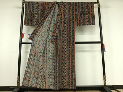 平和屋着物▽上質な小紋 単衣 更紗花間道 鬼しぼ縮緬 正絹 逸品 AABF5017jh