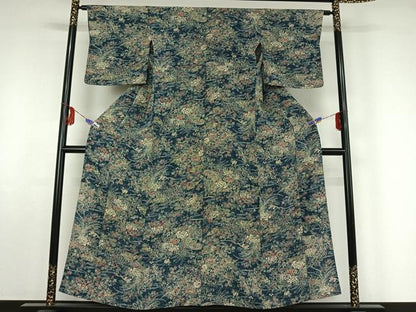 平和屋着物▽上質な小紋　単衣　型染め　流水花鳥文　正絹　逸品　AABF5019jh