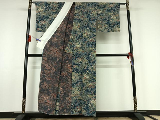 平和屋着物▽上質な小紋　単衣　型染め　流水花鳥文　正絹　逸品　AABF5019jh