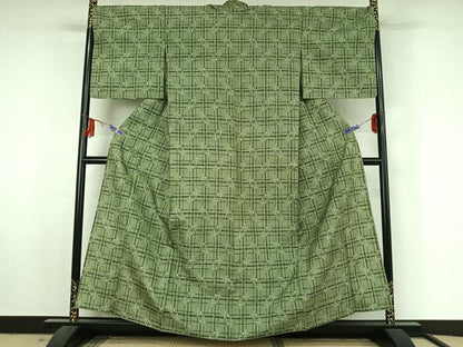 平和屋着物▽上質な紬 単衣 格子 正絹 逸品 AABF5026jh