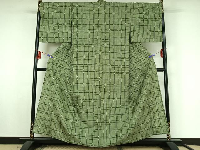 平和屋着物▽上質な紬 単衣 格子 正絹 逸品 AABF5026jh