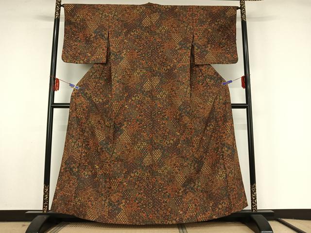 平和屋着物▽小紋 単衣 切り嵌め花文 洗える着物 AABF5027jh