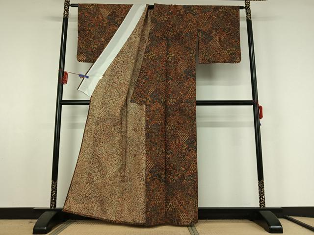 平和屋着物▽小紋 単衣 切り嵌め花文 洗える着物 AABF5027jh