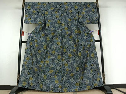 平和屋着物▽上質な紬 単衣 花づくし文 正絹 逸品 AABF5035jh